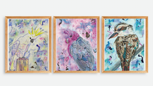Load image into Gallery viewer, This stunning Australian bird print set is sure to make at statement. Australia is blessed with some of the most beautiful birds in the world, such as Sulphurcrested Cockatoos, Galahs and Kookaburras. These prints are a creative blend of realism and abstract, making them unique.