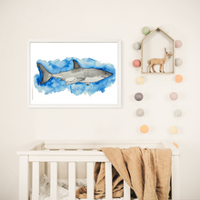 Load image into Gallery viewer, If you have a love for Marine animals, than these are the prints for you! These stunning wall prints are perfect as singles or sets of 3, 4, 5 and 6. The mix of soft and dark blues give a calming feel to each print. This one features a Shark. These would be gorgeous in a child’s bedroom. Beautiful and educational all in one.