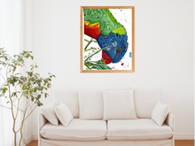 Load image into Gallery viewer, Rainbow Lorikeets are known to be cheeky birds and ‘Garry’ is no exception. This is a beautiful art print of Toni’s original watercolour art. His beautiful vibrant colours are perfect for brightening up any room.