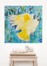 Load image into Gallery viewer, ‘Cockatoo dreams’ is an original Original Acrylic Painting on canvas. This painting is of an Australian Sulphur-crested cockatoo. These Australian birds are known for their beautiful white and yellow feathers, making it hard not to fall in love with them.