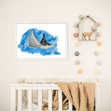 Load image into Gallery viewer, If you have a love for Marine animals, than these are the prints for you! These stunning wall prints are perfect as singles or sets of 3, 4, 5 and 6. The mix of soft and dark blues give a calming feel to each print. This one features a Stingray. These would be gorgeous in a child’s bedroom. Beautiful and educational all in one.
