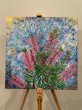 Load image into Gallery viewer, Callistemon, known as the Bottle Brush Tree are native to Australian and are known for their beautiful flowers. The flowers attract native birds, especially honey eaters, and reward the gardener with extraordinary amounts of colour. These unique flowers made the perfect theme for this painting.