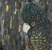 Load image into Gallery viewer, Close up of ‘Blue, the Cockatoo’ is an original, acrylic canvas painting. This stunning Australian bird boasts deep blue tones to show off his feathers. Toni has used gold leaf that perfectly accentuates the gold flecks on Blue’s feathers. The background is abstract with a mix of grey, black and gold. This painting is unique and bold.