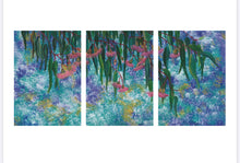 Load image into Gallery viewer, This is a Triptych art print of the original acrylic painting ‘Busy Gums’. As a child, Toni grew up in the bush and because of this, she has a love for all things Australian. The Australian flora and fauna are spectacular and make for beautiful paintings. Toni has used a creative mixture of blues, gold and whites as the background. The gold is metallic and has a slight shimmer in the light. The vibrant pinks stand out, making this a beautiful statement piece.