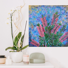 Load image into Gallery viewer, Callistemon, known as the Bottle Brush Tree are native to Australian and are known for their beautiful flowers. The flowers attract native birds, especially honey eaters, and reward the gardener with extraordinary amounts of colour. These unique flowers made the perfect theme for this painting.