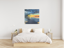 Load image into Gallery viewer, ‘Sunset Reflections’ is an original acrylic stretched canvas painting, measuring 76cm x 76cm. Inspired by the beautiful beaches of Australia, Toni has painted this stunning piece. A mixture of dark blues for the ocean and vibrant orange and yellows for the sunset, this painting has it all. Toni has used impasto to create a textured, protruding feeling to certain elements of the painting. The beautiful addition of gold leaf has given the painting a shimmery element.
