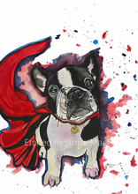 Load image into Gallery viewer, Meet ‘Panda’, the adorable French bulldog. Who doesn’t love a super dog! This is a close up of my print of my original watercolour painting. This pup is ready to save the day!