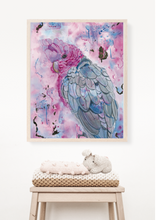 Load image into Gallery viewer, If you have visited Australia, you would have seen the stunning Pink Galah. These birds really are breathtaking! This painting is a beautiful mix of realism and abstract. Soft pinks and blues, mixed with gold leaf make this a statement piece!