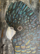 Load image into Gallery viewer, ‘Blue, the Cockatoo’ is an original, acrylic canvas painting. This stunning Australian bird boasts deep blue tones to show off his feathers. Toni has used gold leaf that perfectly accentuates the gold flecks on Blue’s feathers. The background is abstract with a mix of grey, black and gold. This painting is unique and bold.