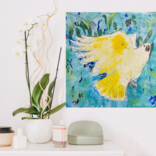 Load image into Gallery viewer, ‘Cockatoo dreams’ is an original Original Acrylic Painting on canvas. This painting is of an Australian Sulphur-crested cockatoo. These Australian birds are known for their beautiful white and yellow feathers, making it hard not to fall in love with them.