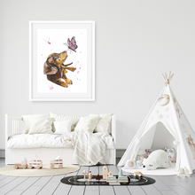 Load image into Gallery viewer, "Flossie" is an adorable Dachshund puppy, who is delightfully cheerful. Her soft pink tones will look adorable on any little persons wall. Who doesn't love a little sparkle in their life?