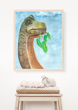 Load image into Gallery viewer, This watercolour dinosaur print is the perfect addition to any dinosaur lovers room. The natural colouring gives the realistic feel of real dinosaurs in your room. You have the option of a blue or white background, giving you more options to suit your decor.