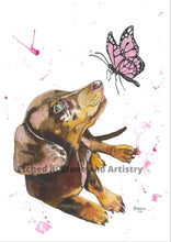 Load image into Gallery viewer, &quot;Flossie&quot; is an adorable Dachshund  puppy, who is delightfully cheerful. Her soft pink tones will look adorable on any little persons wall. Who doesn&#39;t love a little sparkle in their life?
