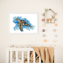 Load image into Gallery viewer, If you have a love for Marine animals, than these are the prints for you! These stunning wall prints are perfect as singles or sets of 3, 4, 5 and 6. The mix of soft and dark blues give a calming feel to each print.  This one features a Turtle.  These would be gorgeous in a child’s bedroom. Beautiful and educational all in one. 
