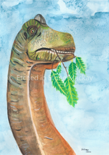 Load image into Gallery viewer, This watercolour dinosaur print is the perfect addition to any dinosaur lovers room. The natural colouring gives the realistic feel of real dinosaurs in your room. You have the option of a blue or white background, giving you more options to suit your decor. 
