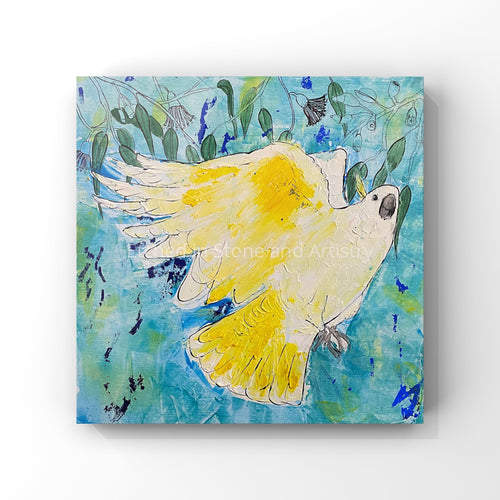 ‘Cockatoo dreams’ is an original Original Acrylic Painting on canvas.      This painting is of an Australian Sulphur-crested cockatoo. These Australian birds are known for their beautiful white and yellow feathers, making it hard not to fall in love with them.       