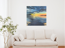 Load image into Gallery viewer, ‘Sunset Reflections’ is an original acrylic stretched canvas painting, measuring 76cm x 76cm.   Inspired by the beautiful beaches of Australia, Toni has painted this stunning piece. A mixture of dark blues for the ocean and vibrant orange and yellows for the sunset, this painting has it all. Toni has used impasto to create a textured, protruding feeling to certain elements of the painting. The beautiful addition of gold leaf has given the painting a shimmery element. 
