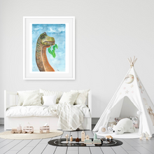Load image into Gallery viewer, This watercolour Brontosaurus Art Print is the perfect edition to any dinosaur lovers room. His natural colouring, gives the realistic feel of a real dinosaur in your room. You have the option of a blue or white background, giving you more options to suit your decor. 
