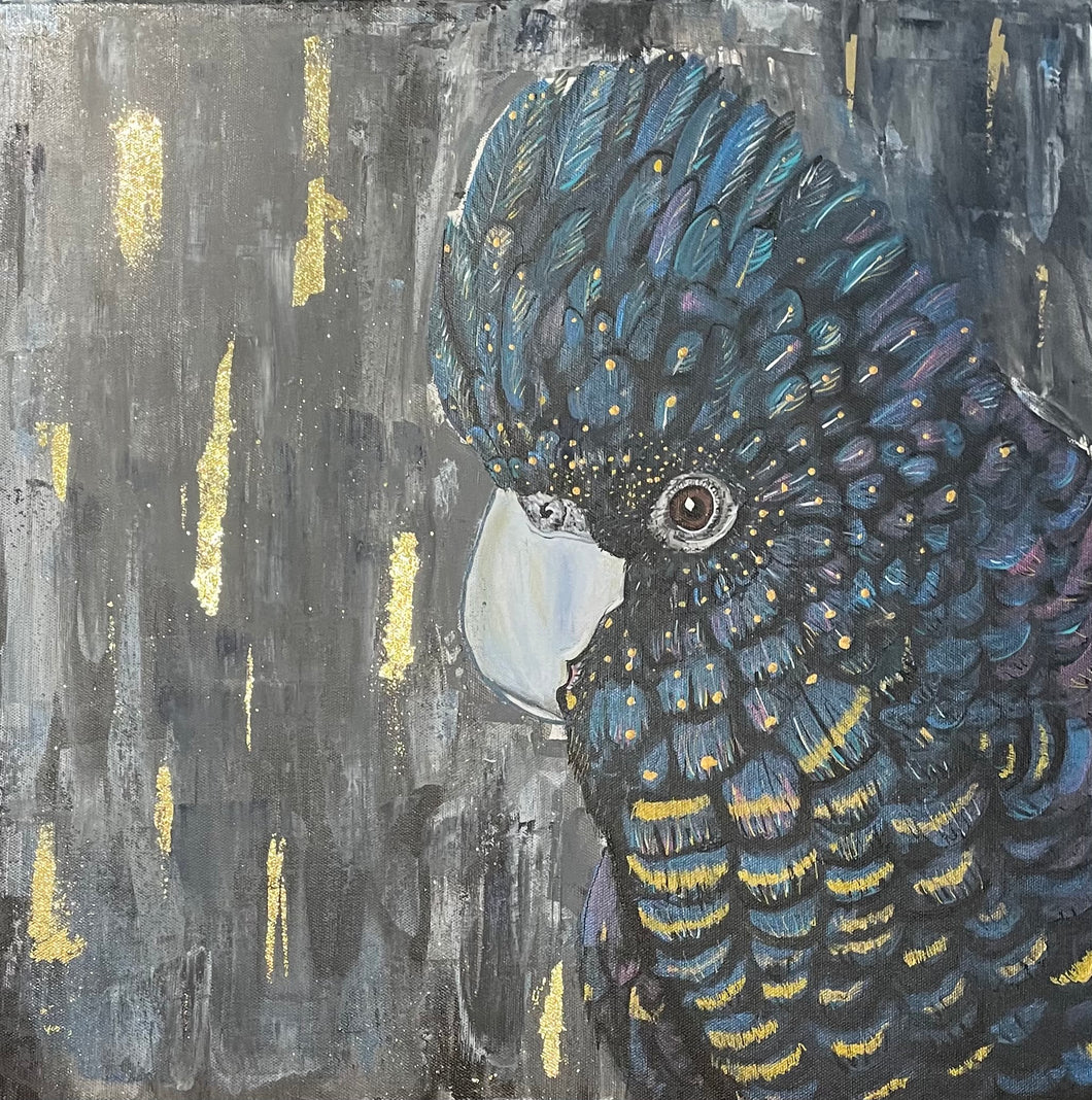 ‘Blue, the Cockatoo’ is an original, acrylic canvas painting. This stunning Australian bird boasts deep blue tones to show off his feathers.        Toni has used gold leaf that perfectly accentuates the gold flecks on Blue’s feathers. The background is abstract with a mix of grey, black and gold. This painting is unique and bold. 