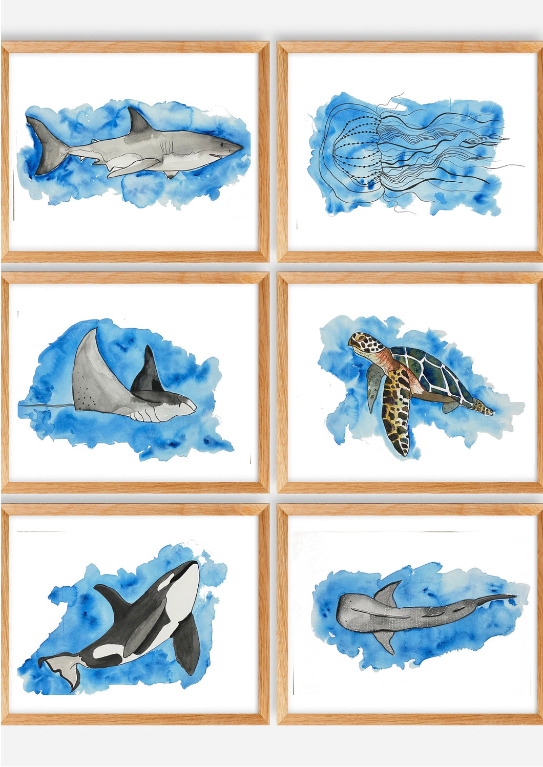 If you have a love for Marine animals, than these are the prints for you! These stunning wall prints are perfect as singles or sets of 3, 4, 5 and 6. The mix of soft and dark blues give a calming feel to each print.  The full set features a Shark, a Jellyfish, a Stingray, a Turtle, an Orca Whale and a Whaleshark.  These would be gorgeous in a child’s bedroom. Beautiful and educational all in one. 