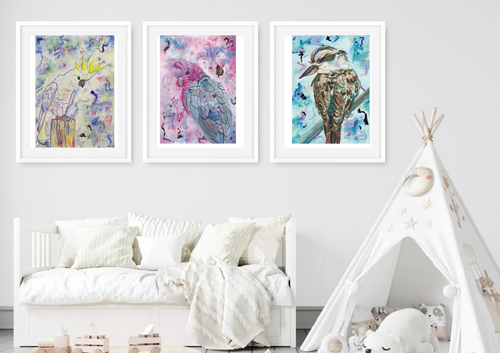 This stunning Australian bird print set is sure to make at statement. Australia is blessed with some of the most beautiful birds in the world, such as Sulphurcrested Cockatoos, Galahs and Kookaburras. These prints are a creative blend of realism and abstract, making them unique. 