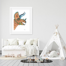 Load image into Gallery viewer, This watercolour Triceratops print is the perfect addition to any dinosaur lovers room. His natural colouring gives the realistic feel of a real dinosaur in your room. You have the option of a blue or white background, giving you more options to suit your decor. 
