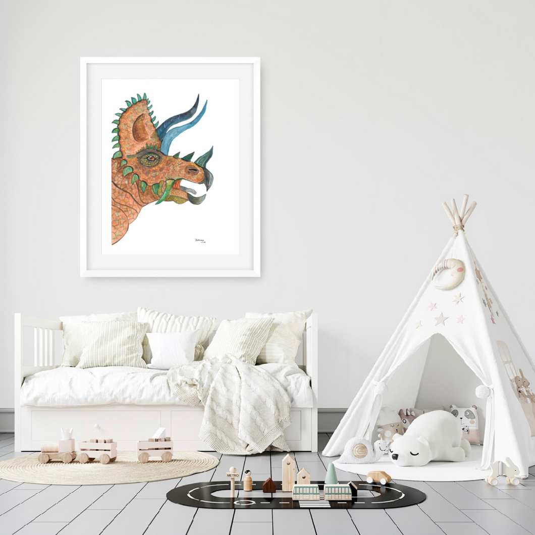 This watercolour Triceratops print is the perfect addition to any dinosaur lovers room. His natural colouring gives the realistic feel of a real dinosaur in your room. You have the option of a blue or white background, giving you more options to suit your decor. 