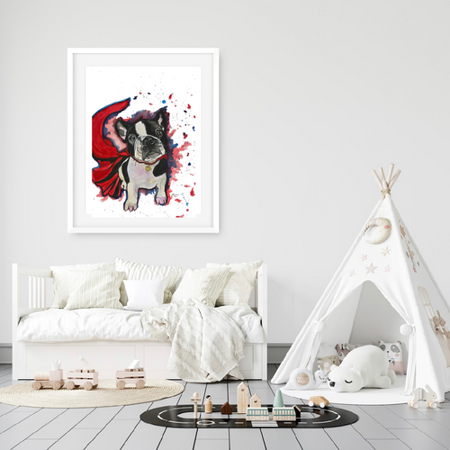 Meet ‘Panda’, the adorable French bulldog. Who doesn’t love a super dog! This is a print of my original watercolour painting. This pup is ready to save the day! 
