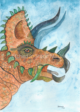 Load image into Gallery viewer, This watercolour dinosaur print is the perfect addition to any dinosaur lovers room. The natural colouring gives the realistic feel of real dinosaurs in your room. You have the option of a blue or white background, giving you more options to suit your decor. 
