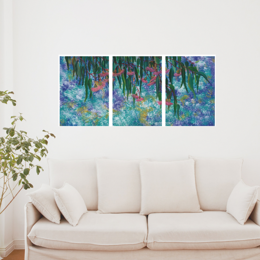 This is a Triptych art print of the original acrylic painting ‘Busy Gums’. As a child, Toni grew up in the bush and because of this, she has a love for all things Australian. The Australian flora and fauna are spectacular and make for beautiful paintings.         Toni has used a creative mixture of blues, gold and whites as the background. The gold is metallic and has a slight shimmer in the light. The vibrant pinks stand out, making this a beautiful statement piece.