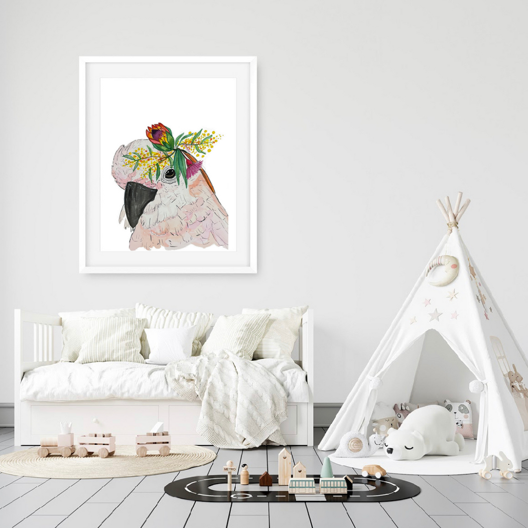 This beautiful galah print is perfect for bedrooms, nurseries and toy rooms. Galahs are cheeky birds who boast soft pink tones, perfect to accent a room. 