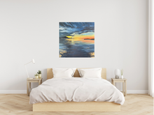 Load image into Gallery viewer, ‘Sunset Reflections’ is an original acrylic stretched canvas painting, measuring 76cm x 76cm.   Inspired by the beautiful beaches of Australia, Toni has painted this stunning piece. A mixture of dark blues for the ocean and vibrant orange and yellows for the sunset, this painting has it all. Toni has used impasto to create a textured, protruding feeling to certain elements of the painting. The beautiful addition of gold leaf has given the painting a shimmery element. 
