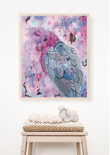 Load image into Gallery viewer, If you have visited Australia, you would have seen the stunning Pink Galah. These birds really are breathtaking! This painting is a beautiful mix of realism and abstract. Soft pinks and blues, mixed with gold leaf make this a statement piece! 
