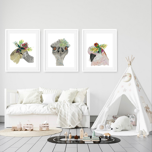 We are blessed in Australia with beautiful flora and fauna. These beautiful Australian animal prints are perfect for little bedrooms. This set features a Galah, an Emu and Platypus. 