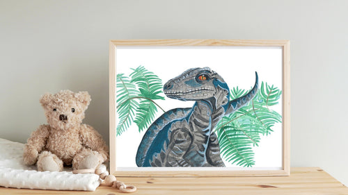 This Raptor is a print of my beautiful original watercolour painting. I have used quality watercolour paint on 100 percent cotton watercolour paper to create the original piece. This dinosaur is the perfect edition to any dinosaur lovers room. You have the option of a beautiful soft blue or white background. 
